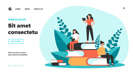 People reading books. Students studying textbook, doing homework. Vector illustration for literature, library, learning at home, education, knowledge concept