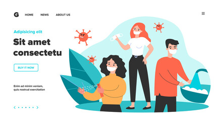 People practicing hygiene for protection from coronavirus. Men and women wearing face masks, washing and sanitizing hands. Vector illustration for coronavirus, disease prevention, guide concept