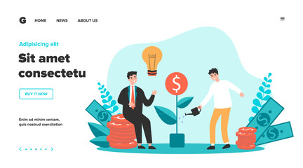 Investors getting money profit. Businesspeople investing capital, growing cash plant, getting dividends. Can be used for finance, revenue, investment, business, financial management concept