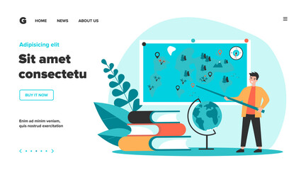 Geography teacher standing at blackboard, presenting travel world map to class. Positive man with globe and stack of books. Vector illustration for education, planet, lesson, learning concept