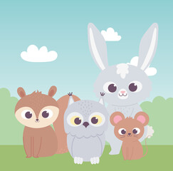 little cute owl squirrel rabbit and mouse cartoon animals