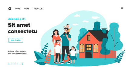 Obraz na płótnie Canvas Happy family couple with kids and pet standing together outside, in front of their house. Vector illustration for home, real estate, residential area concept
