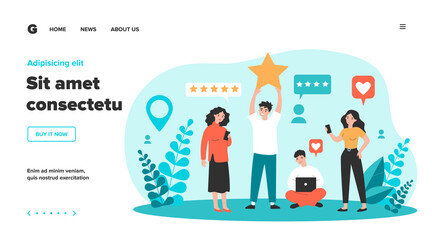 Happy customers giving feedback to service or online store. People with gadgets voting with rating stars. Vector illustration for client positive review, assessment, evaluation concept