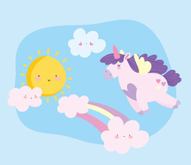 flying little unicorn rainbow clouds sun sky fantasy magic animal cartoon