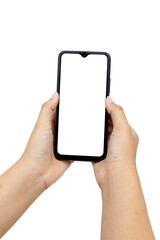 The hand is holding the white screen, the mobile phone is isolated on a white background with the clipping path.