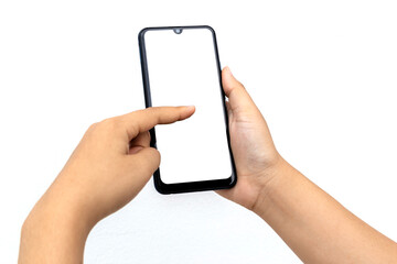The hand is holding the white screen, the mobile phone is isolated on a white background with the clipping path.