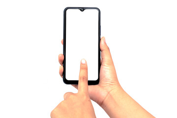 The hand is holding the white screen, the mobile phone is isolated on a white background with the...