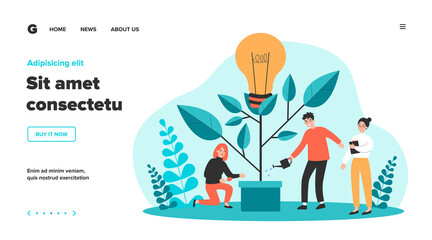 Business team watering innovation plant, growing tree with lightbulb. People having idea for eco future, environment, electricity. Flat vector illustration for teamwork, economy, climate concept