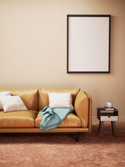 modern living room with beige wall room mockup stylish, Retro living room interior 3d render background