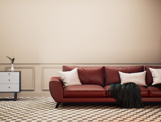 Living room Interior design. Red Leather Sofa in the room with beige wall and pattern floor. Retro Living room for mockup 3d rendering