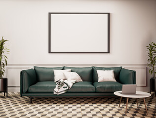 Living room Interior design. Green Leather Sofa in the room with white wall and pattern floor. Retro Living room for mockup 3d rendering