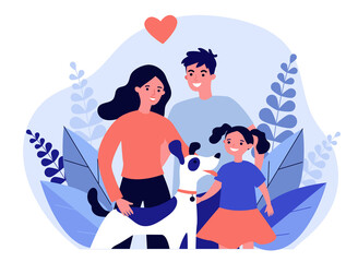 Parents presenting pet to their child flat abstract illustration. Happy family adopting dog. Little girl greeting new friend. Charity and animal adoption concept.