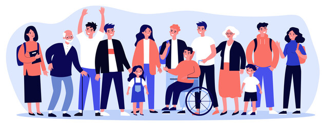 Diverse community members standing together. Crowd of happy men, women of different ages, children and disabled person. illustration for civil society, diversity, togetherness, citizens concept