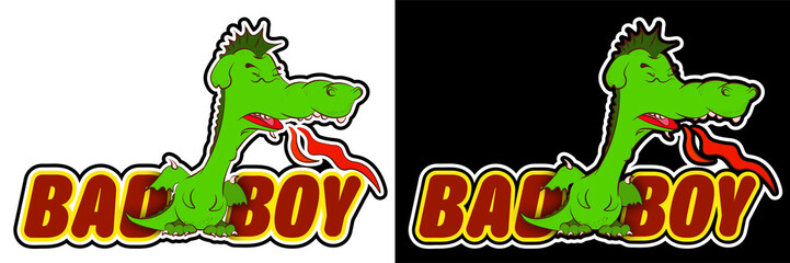 cute young dragon teenager in a bad mood releases flames from his mouth. Color sticker. Vector on a white background