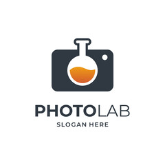 Naklejka premium photography logo concept with camera and laboratory glassware element.