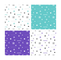 Memphis seamless patterns set with geometric elements. abstract line and shapes. Pattern in hipster style. posters, postcards, fabric or wrapping paper. trendy vector backgrounds.	
