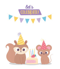 Obraz na płótnie Canvas happy birthday, cute squirrel and mouse with party hats and cake celebration decoration cartoon