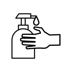 hand with antibacterial soap bottle line icon