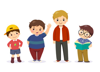 Vector illustration of cute little boys in different character on white background.
