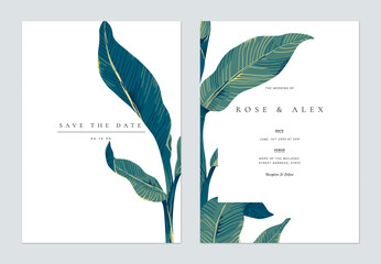 Botanical wedding invitation card template design, hand drawn tropical leaves on white - 364633137