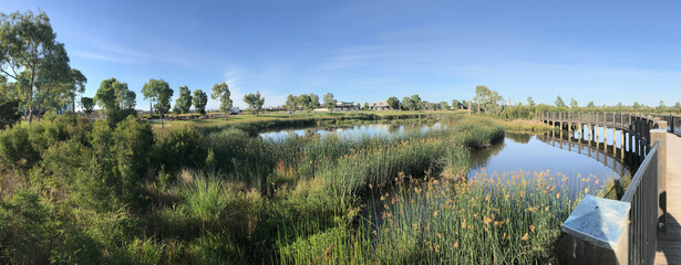 Wetlands and houses in the suburb of Clyde in Victoria Australia.