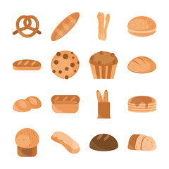 bread menu bakery food product flat style icons set