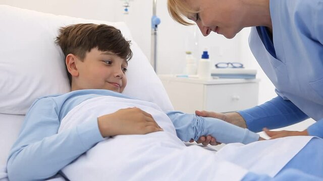 child lying in the hospital bed terrified and frightened by the syringe needle of the nurse for vaccine shot
