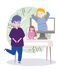 online party, meeting friends, man celebrating with women by smartphone and computer