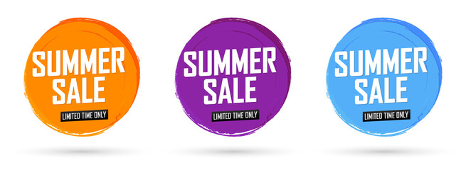 Set Summer Sale banners design template, discount tags, brush grunge, vector illustration