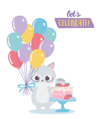 happy birthday, cute raccoon with sweet cake and balloons celebration decoration cartoon