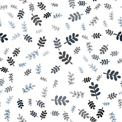 Fototapeta na wymiar Dark BLUE vector seamless elegant pattern with leaves, branches. Sketchy doodles on white background. Pattern for design of fabric, wallpapers.