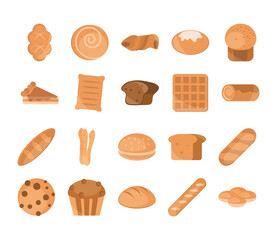 bread menu bakery food product flat style icons set