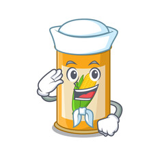 Smiley sailor cartoon character of corn tin wearing white hat and tie