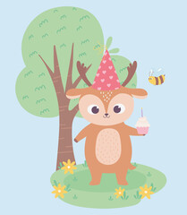 Obraz na płótnie Canvas happy birthday, cute little deer with cupcake and bee celebration decoration cartoon
