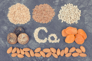 Nutritious eating containing calcium. Healthy nutrition as source vitamins, minerals and fiber