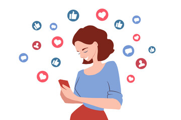 Young smiling woman holding smartphone in hands. Like button icons flying out of mobile phone. Getting likes in social media concept banner. Cartoon character, vector illustration.