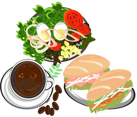 Breakfast, coffee and vegetable salad sandwich, food vector illustration 