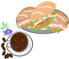 Coffee and sandwich, Banh Mi Sandwich, soft baguette, Breakfast food vector illustration 