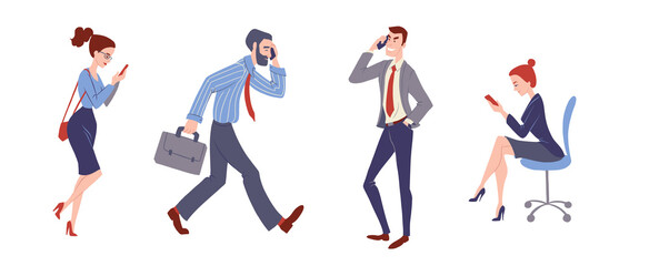 Business cartoon characters. Office people with smartphones working. Businessman and businesswoman illustration isolated on white. Vector.