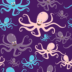 Vector seamless pattern with blue, lilac and pink octopus.