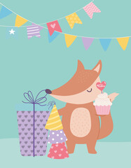 happy birthday, cute fox with cupcake gift and party hats celebration decoration cartoon