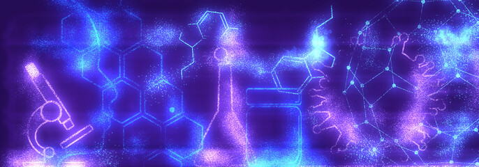 Medical industry, biotechnology and biochemistry. Scientific medical designs. Virus diseases relative theme. Human head silhouette. Thin lines style banner