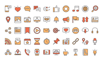social media digital internet network communicate technology line and fill design icons set
