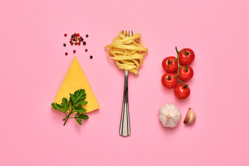 Tomato, spices, parmesan cheese, garlic, pasta. Vegan food, creative composition on pink. Fresh herb, cherry tomatoes, cheese layout, cooking Italian pasta concept, top view.