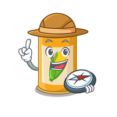 mascot design concept of corn tin explorer using a compass in the forest
