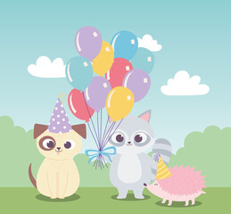 Obraz na płótnie Canvas happy birthday, cute raccoon dog celebration decoration cartoon