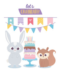 happy birthday, cute rabbit and squirrel celebration decoration cartoon