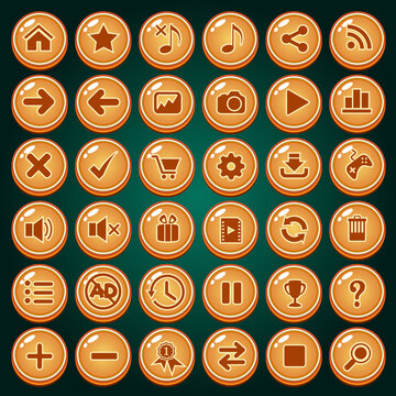 Buttons icon set design deluxe shape color orange for game.