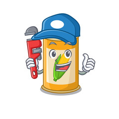 cartoon character design of corn tin as a Plumber with tool