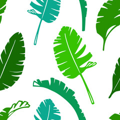 Floral seamless pattern with Palm leaves. green silhouettes on white background. Hand drawn ink style vector illustration.